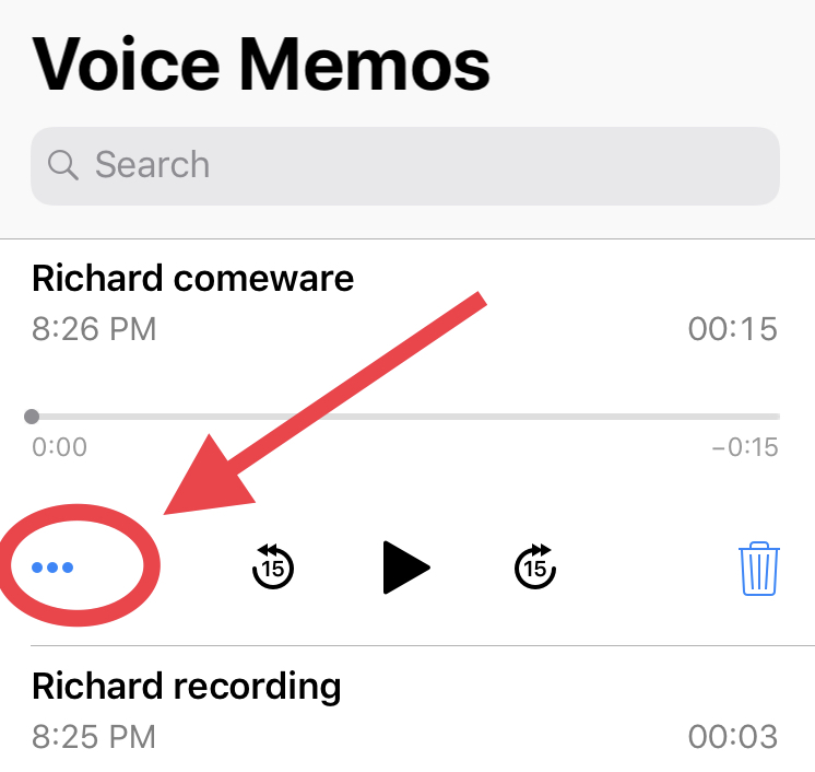 Select voice memo and tap to share