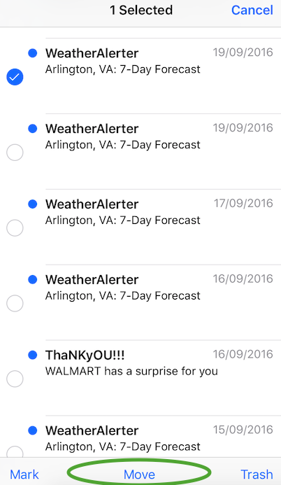 Select one email and hold the Move button