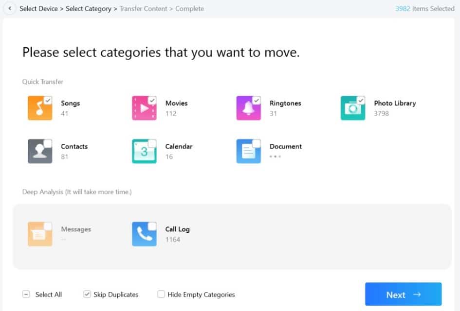 Choose data categories and click Next - AnyTrans