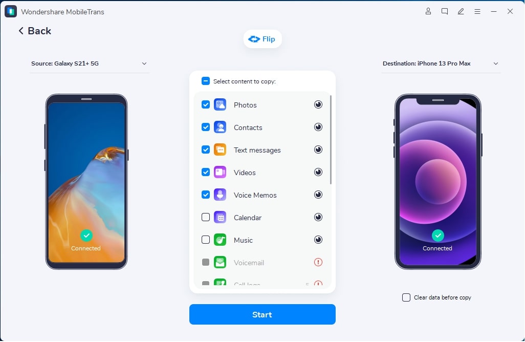 Choose data types to transfer - MobileTrans