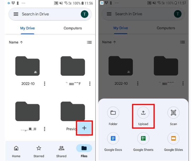 Click Upload to upload Android photos to Google Drive