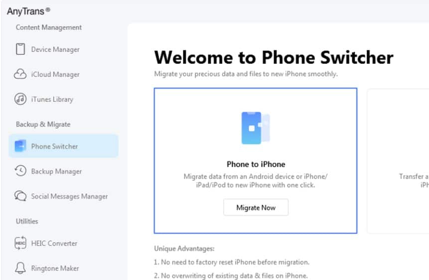 Go to Phone Switcher - Phone to iPhone - AnyTrans