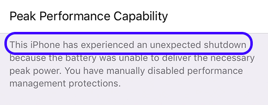 Battery issue - The Peak Performance shows there is an unexpected shutdown