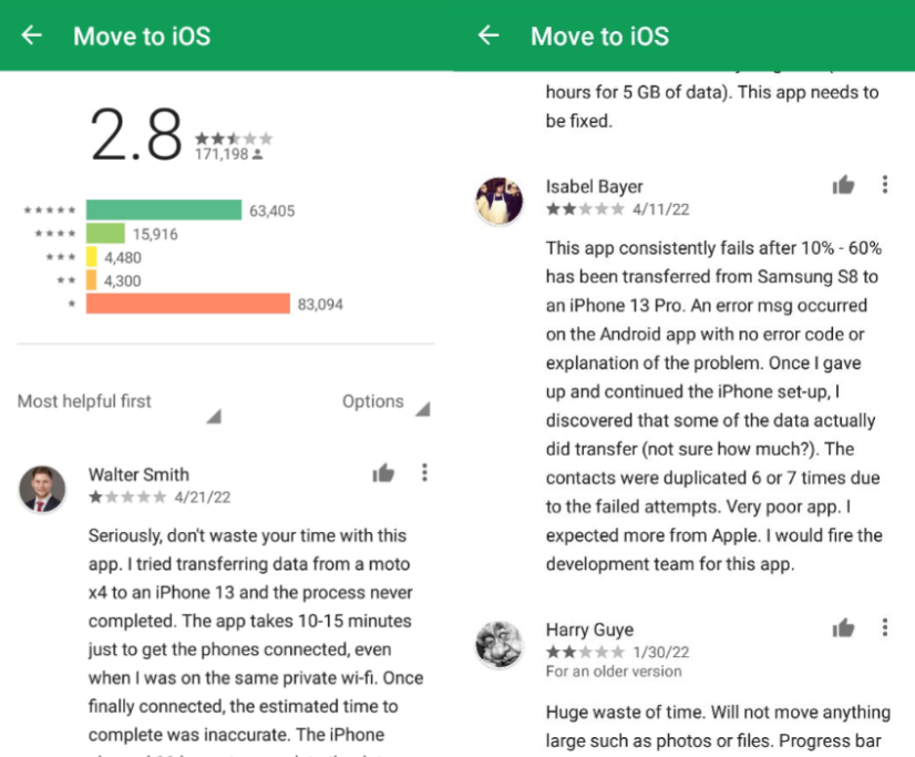 Move to iOS Not Working on Android - Bad Reviews