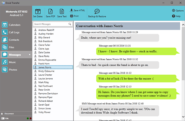 Print Android text messages with Droid Transfer