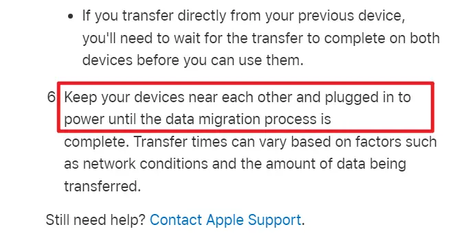 Apple suggests to keep devices connected to power while using Transfer Directly from iPhone